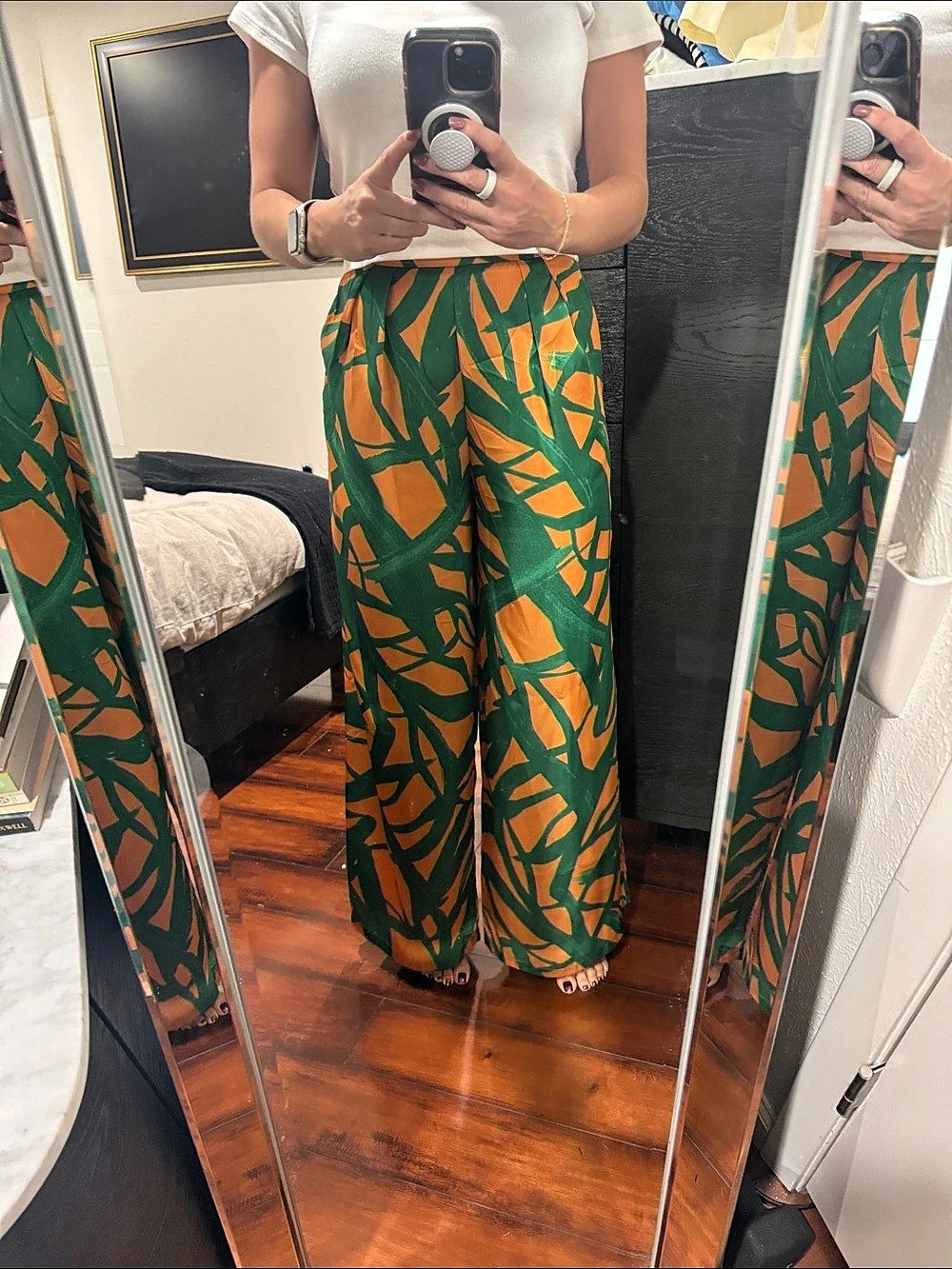 Hauture Women's Abstract Print Pleated Wide Leg Loose Casual Long Pants Green &